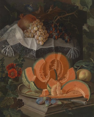 Still Life with Sliced Pumpkin and Grapes by Maximilian Pfeiler